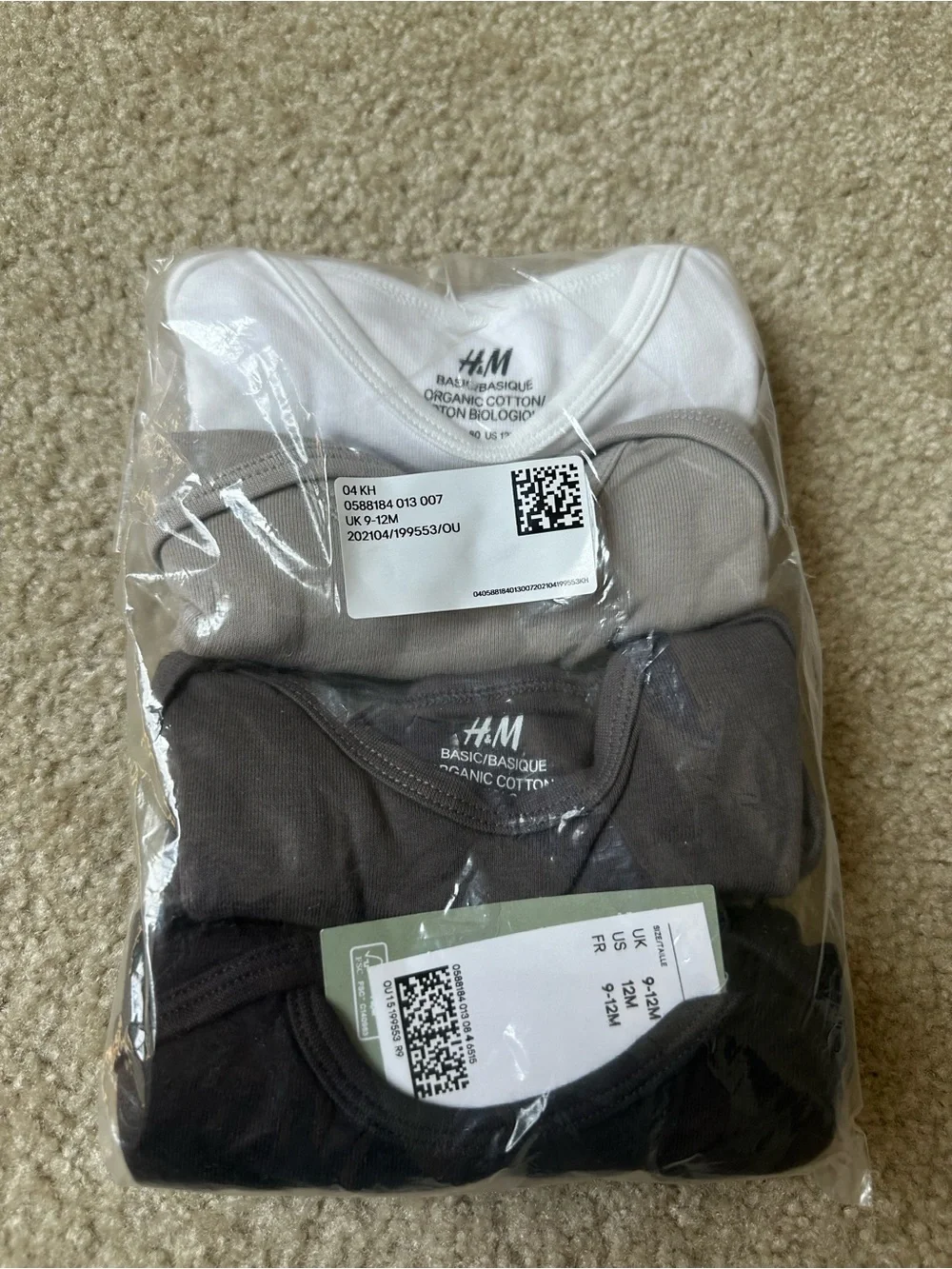 H&M Baby 4-Pack Organic Cotton Long Sleeve Bodysuits 9-12M Neutral Colors